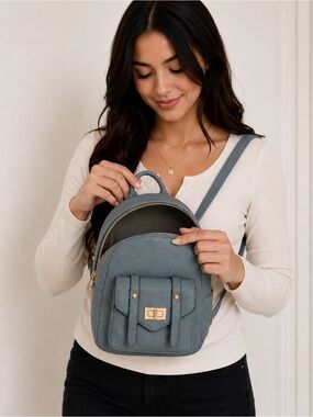 Mini Backpack in Unique Muted Blue Gray Green Tone with Gold Hardware